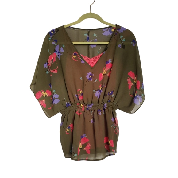 Tops - Sheer floral dolman/batwing sleeve top with free layering cami